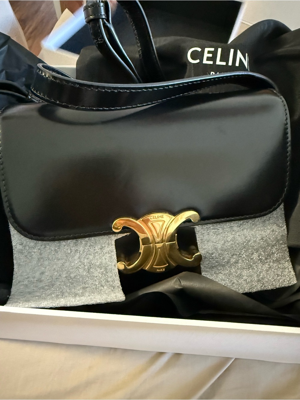 Celine Black Leather Shoulder Bag with Gold Triomphe Clasp